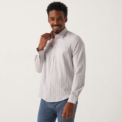 Striped Shirt with Chest Pocket and Spread Collar
