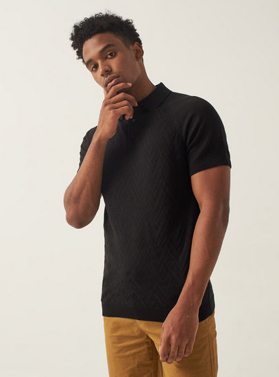 Chevron Textured Polo Sweater with Short Sleeves and Button Closure