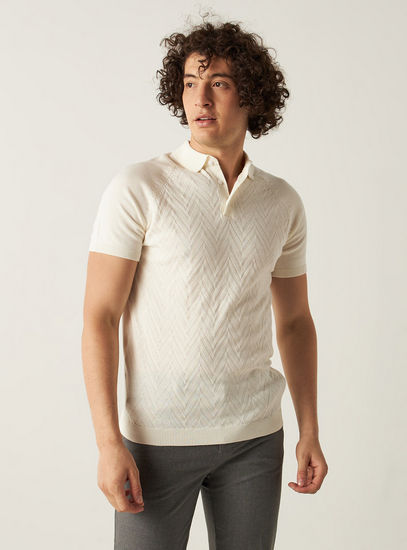 Chevron Textured Polo Sweater with Short Sleeves and Button Closure-Cardigans & Sweaters-image-1