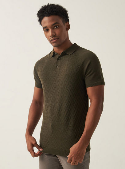 Chevron Textured Polo Sweater with Short Sleeves and Button Closure