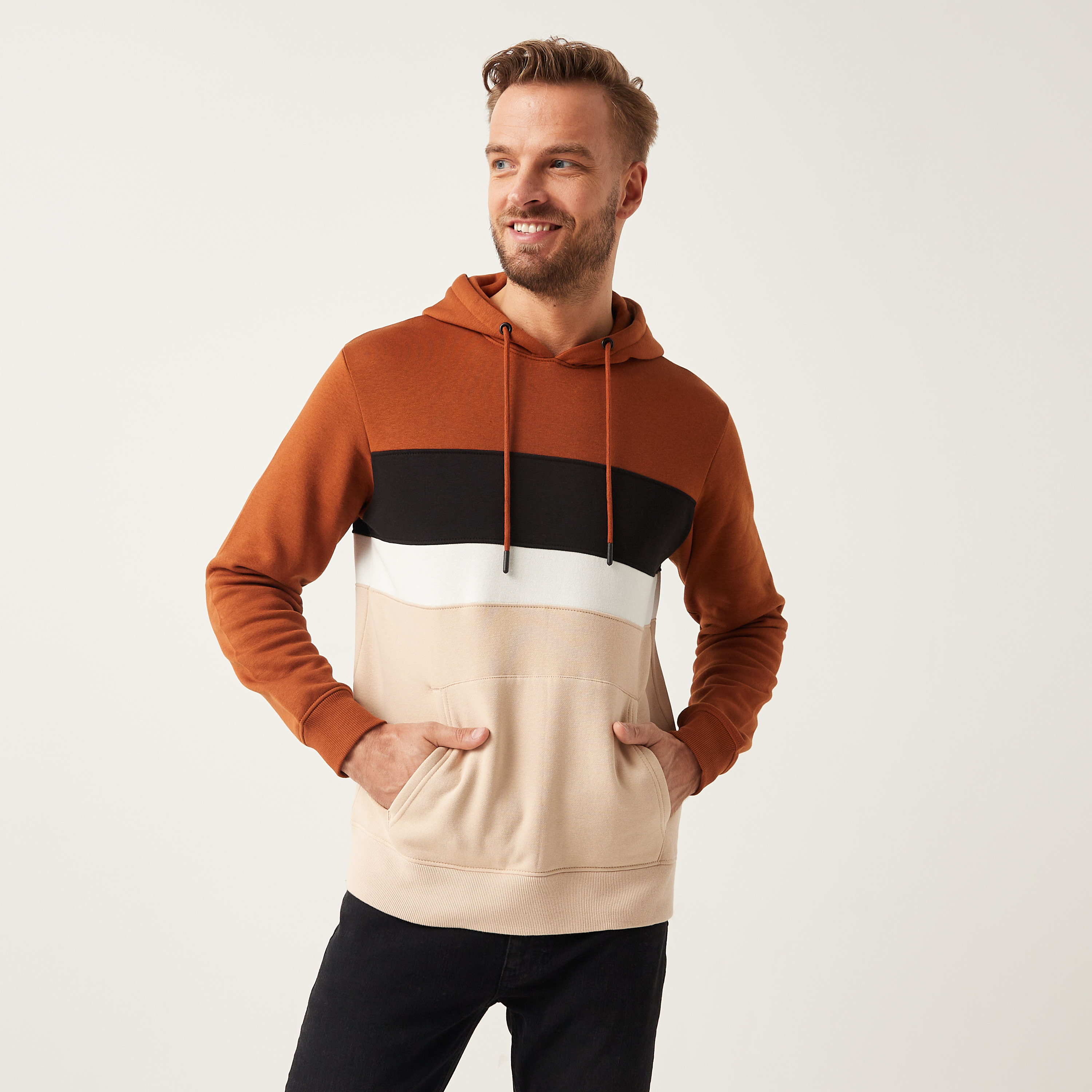 Shop Panelled Hoodie with Long Sleeves and Kangaroo Pocket Online