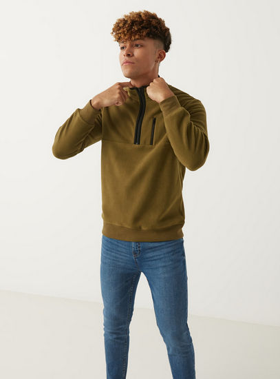Solid High Neck Sweatshirt with Long Sleeves and Half Zip Closure