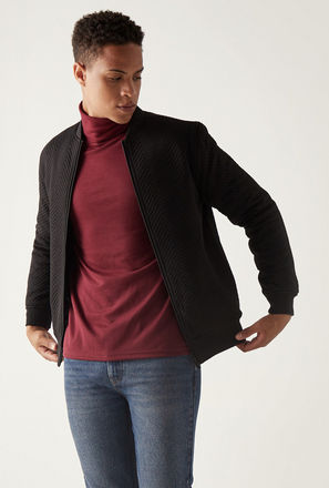 Textured Bomber Jacket with Long Sleeves and Zip Closure
