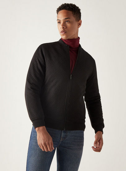 Textured Bomber Jacket with Long Sleeves and Zip Closure
