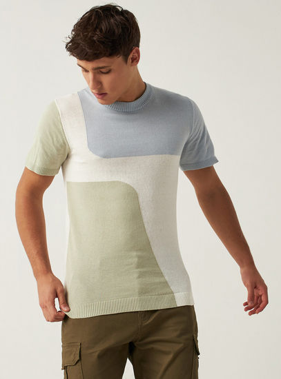 Colourblock Sweater with Crew Neck and Short Sleeves