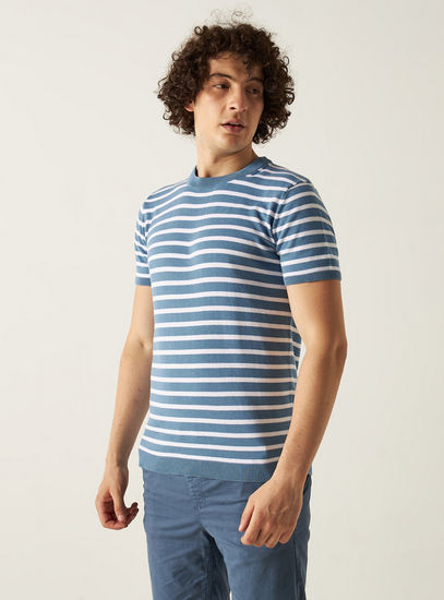 Striped Sweater with Short Sleeves and Crew Neck