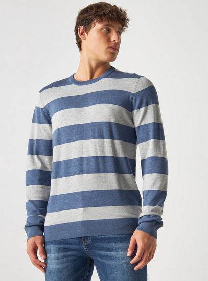 Striped Sweater with Round Neck and Long Sleeves-Cardigans & Sweaters-image-0
