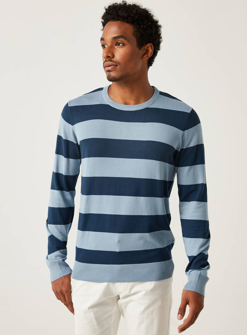 Striped Sweater with Round Neck and Long Sleeves-Cardigans & Sweaters-image-0