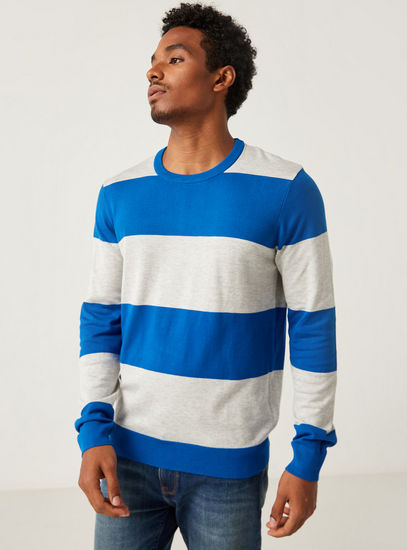 Colour Block Sweater with Long Sleeves and Crew Neck