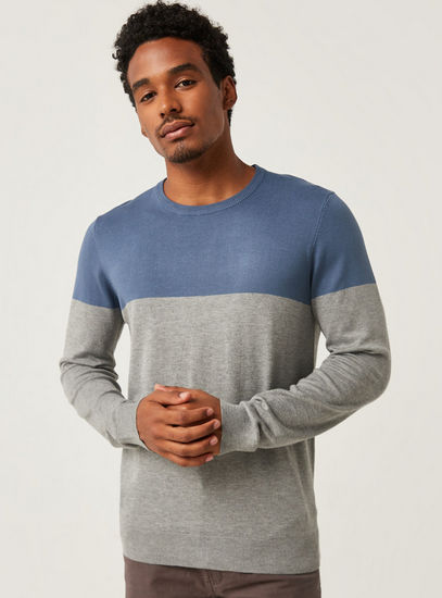Dual-Tone Sweater with Long Sleeves and Crew Neck