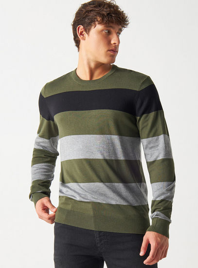 Striped Crew Neck Sweater with Long Sleeves-Cardigans & Sweaters-image-0