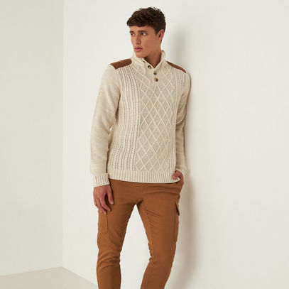 Panelled Sweater with High Neck and Button Closure