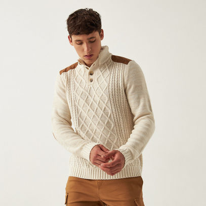 Panelled Sweater with High Neck and Button Closure