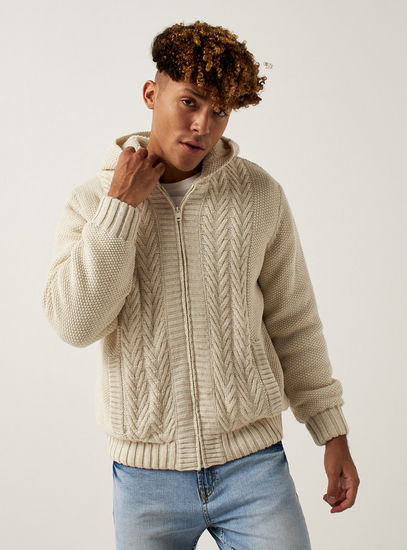 Cable-Knit Textured Sweater with Zip Closure and Pockets