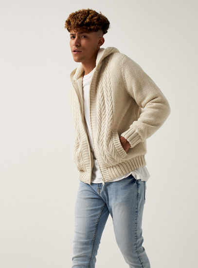 Cable-Knit Textured Sweater with Zip Closure and Pockets