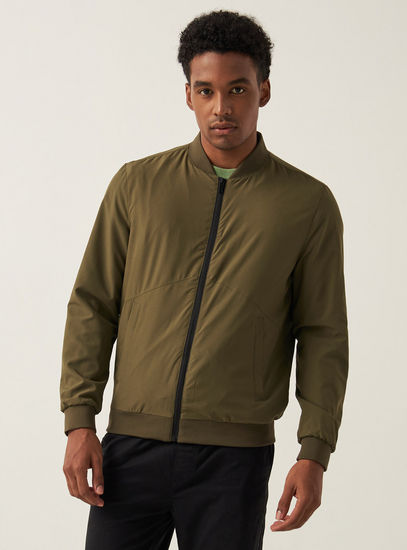 Solid Bomber Jacket with Long Sleeves and Zip Closure
