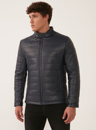 Quilted Jacket with Long Sleeves and Button Collar and Zip Closure-Jackets-image-0