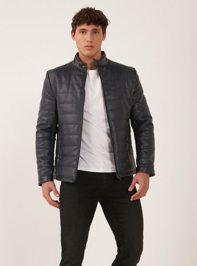 Quilted Jacket with Long Sleeves and Button Collar and Zip Closure-Jackets-image-1