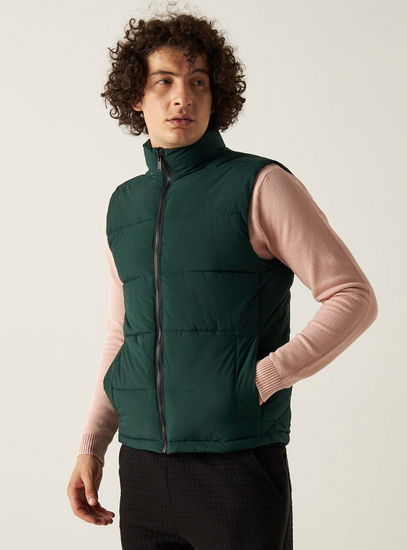 Solid Sleeveless Puffer Jacket with Zip Closure and Pockets-Jackets-image-0