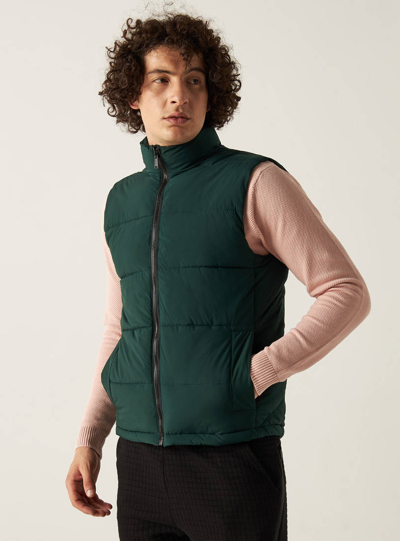 Solid Sleeveless Puffer Jacket with Zip Closure and Pockets-Jackets-image-0