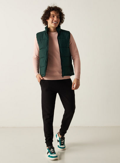 Solid Sleeveless Puffer Jacket with Zip Closure and Pockets-Jackets-image-1