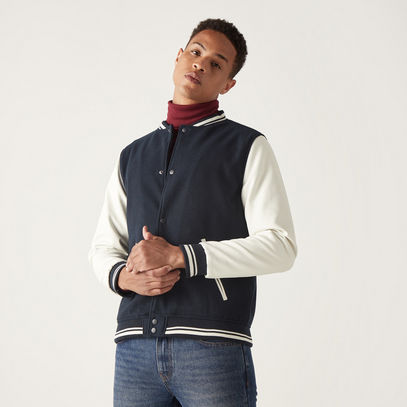 Solid Felt Bomber Jacket with Button Closure and Tipping Detail