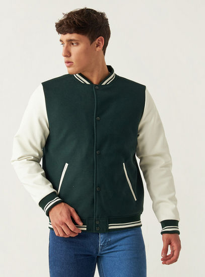 Colourblock Bomber Jacket with Long Sleeves and Button Closure