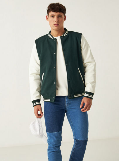 Colourblock Bomber Jacket with Long Sleeves and Button Closure