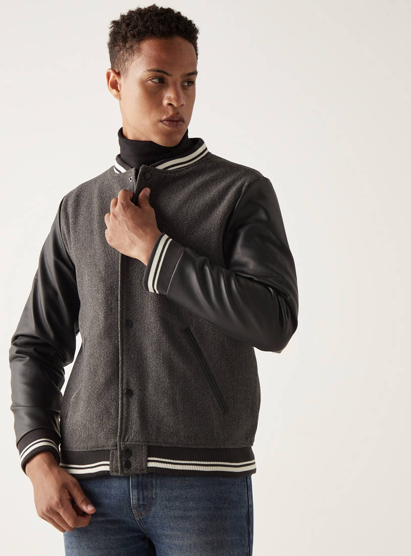 Solid Felt Bomber Jacket with Button Closure and Tipping Detail-Jackets-image-0