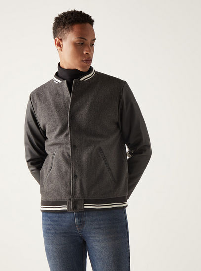 Solid Felt Bomber Jacket with Button Closure and Tipping Detail