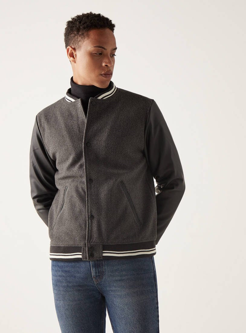 Solid Felt Bomber Jacket with Button Closure and Tipping Detail-Jackets-image-1
