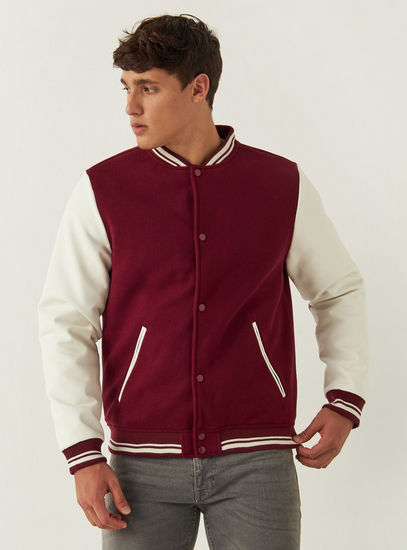 Colourblock Bomber Jacket with Long Sleeves and Button Closure-Jackets-image-0