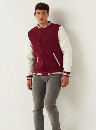 Colourblock Bomber Jacket with Long Sleeves and Button Closure-Jackets-image-1