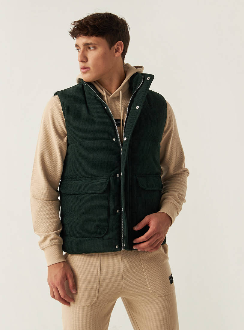 Textured Gilet with Pockets and Zip Closure-Jackets-image-0