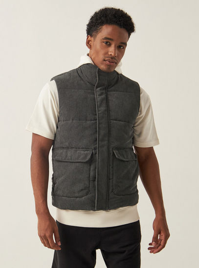 Textured Gilet with Pockets and Zip Closure-Jackets-image-0