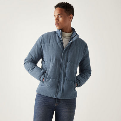 Textured Corduroy Puffer Jacket with Zip Closure and Pockets