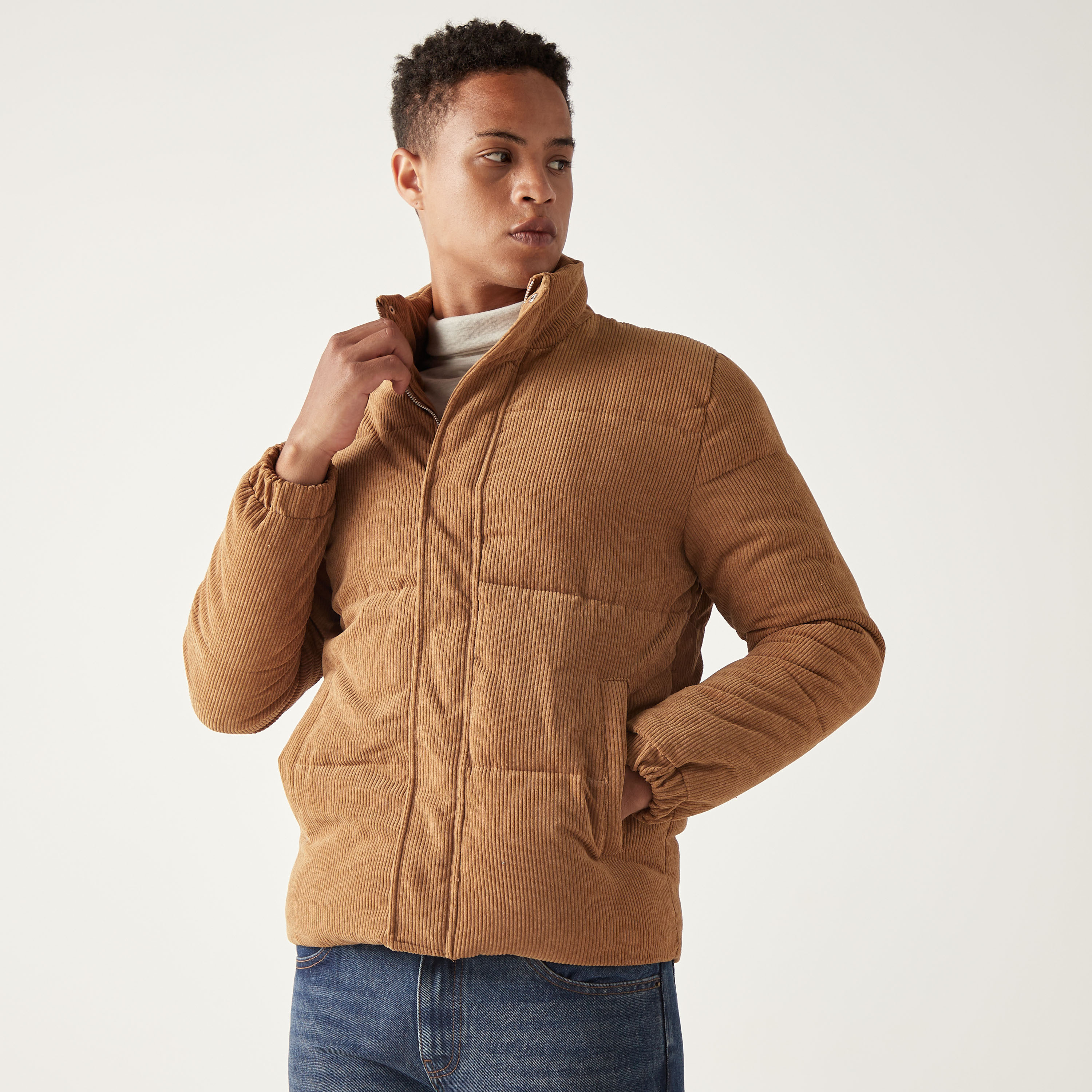 Shop Textured Corduroy Puffer Jacket with Zip Closure and Pockets