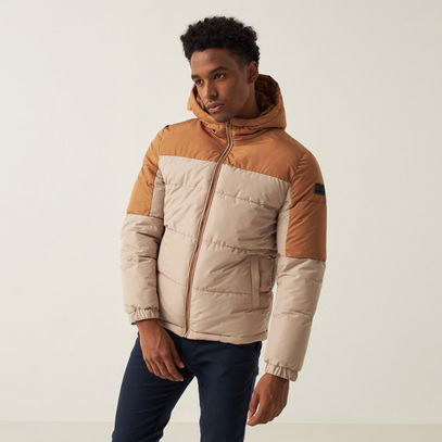 Colourblock Puffer Jacket with Pockets and Zip Closure