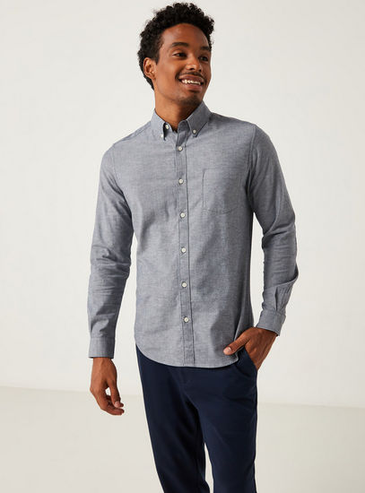 Plain Oxford Shirt with Button Down Collar and Elbow Patches