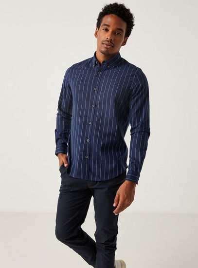 Striped Slim Fit Shirt with Button Down Collar 