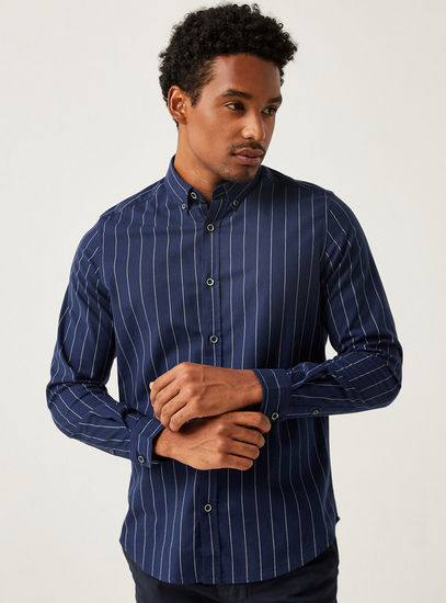 Striped Slim Fit Shirt with Button Down Collar 
