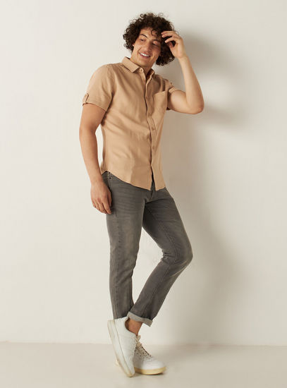 Solid Short Sleeves Shirt with Button Closure and Pocket
