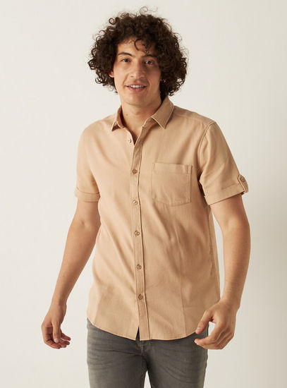 Solid Short Sleeves Shirt with Button Closure and Pocket