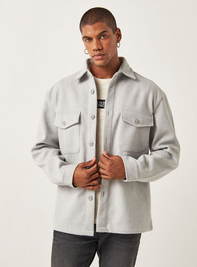 Solid Long Sleeves Felt Shacket with Pockets and Button Closure