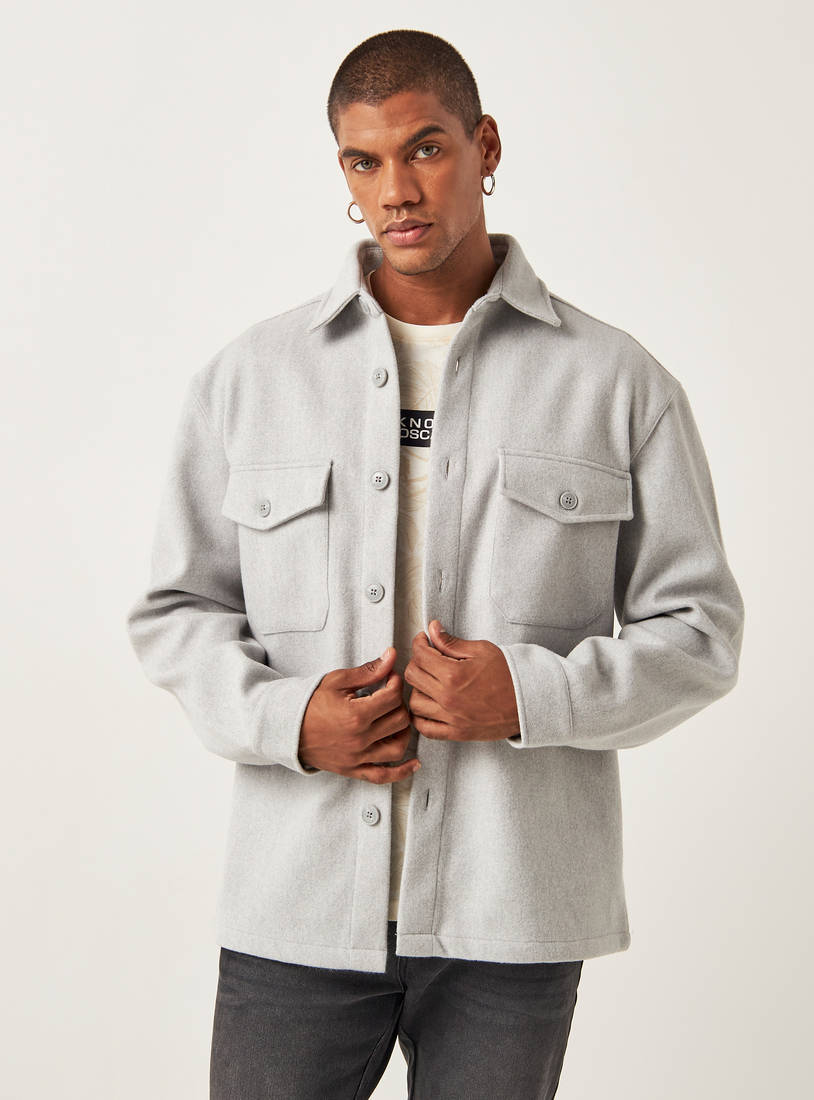 Solid Long Sleeves Felt Shacket with Pockets and Button Closure-Jackets-image-0