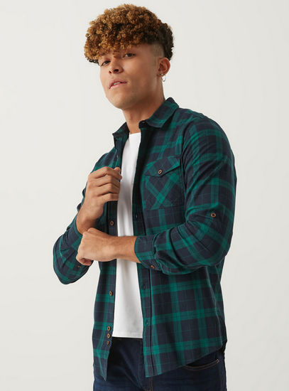 Checked Collar Shirt with Long Sleeves and Pocket