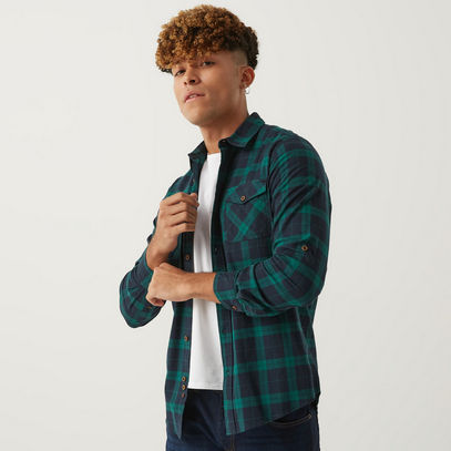 Checked Collar Shirt with Long Sleeves and Pocket