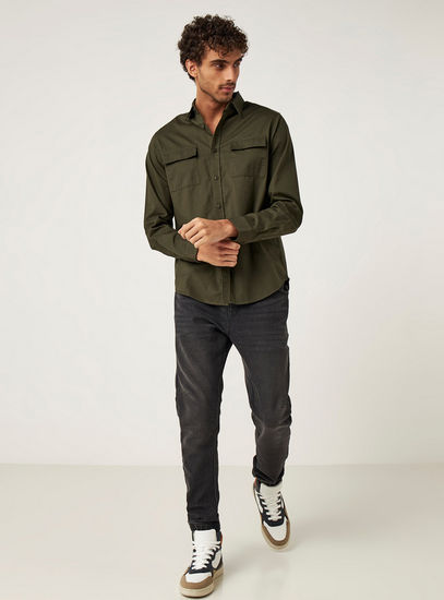 Solid Collar Shirt with Long Sleeves and Pocket