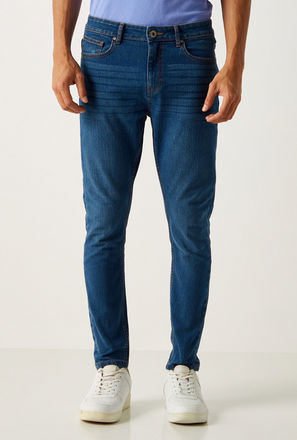 Solid BCI Cotton Mid-Rise Jeans with Button Closure and Pockets