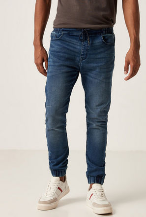 Solid Denim Joggers with Pocket and Drawstring Closure